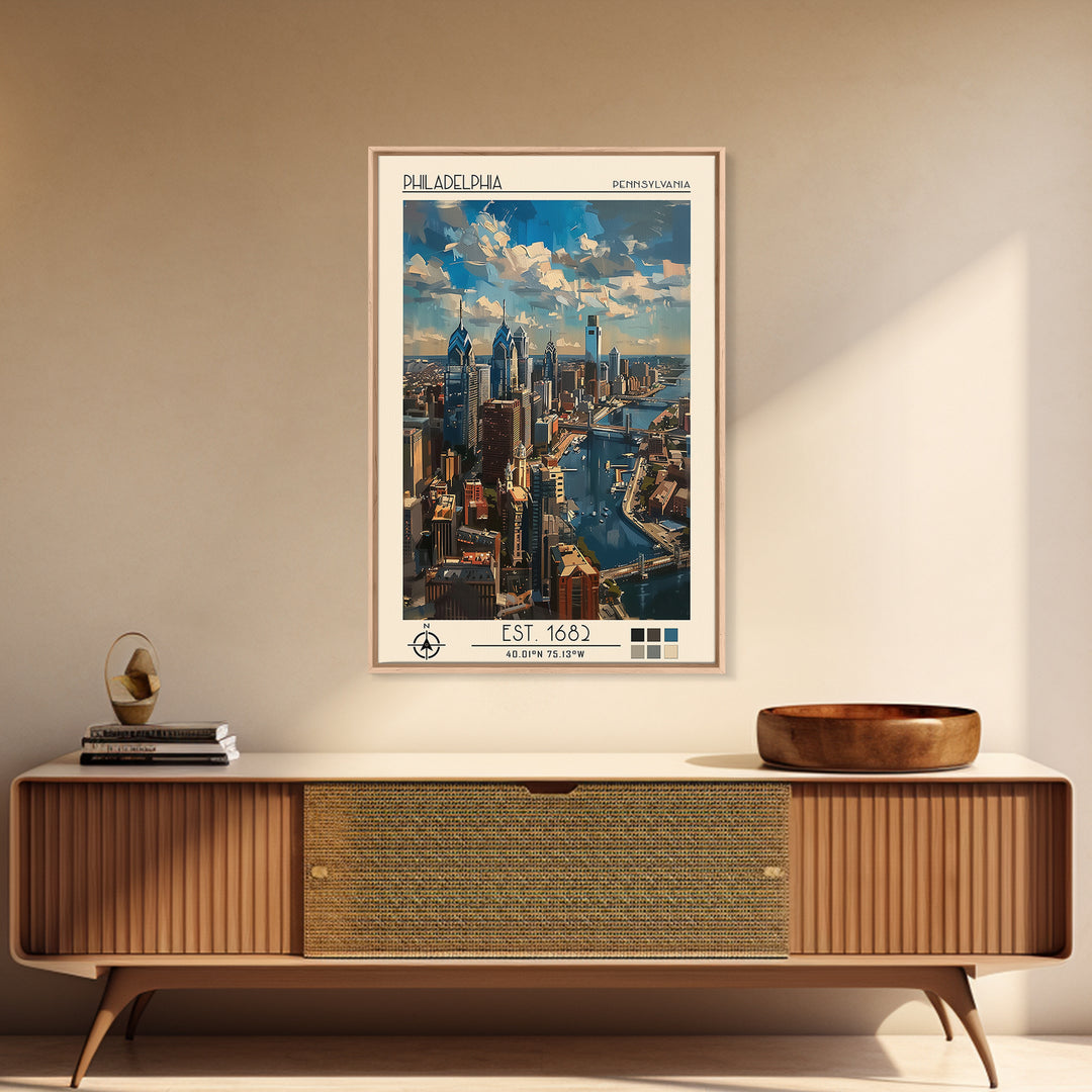 Philadelphia Travel Poster, Framed Canvas Print, City Art Print, Travel Wall Art, City Illustration, Modern Wall Decor, Poster Print