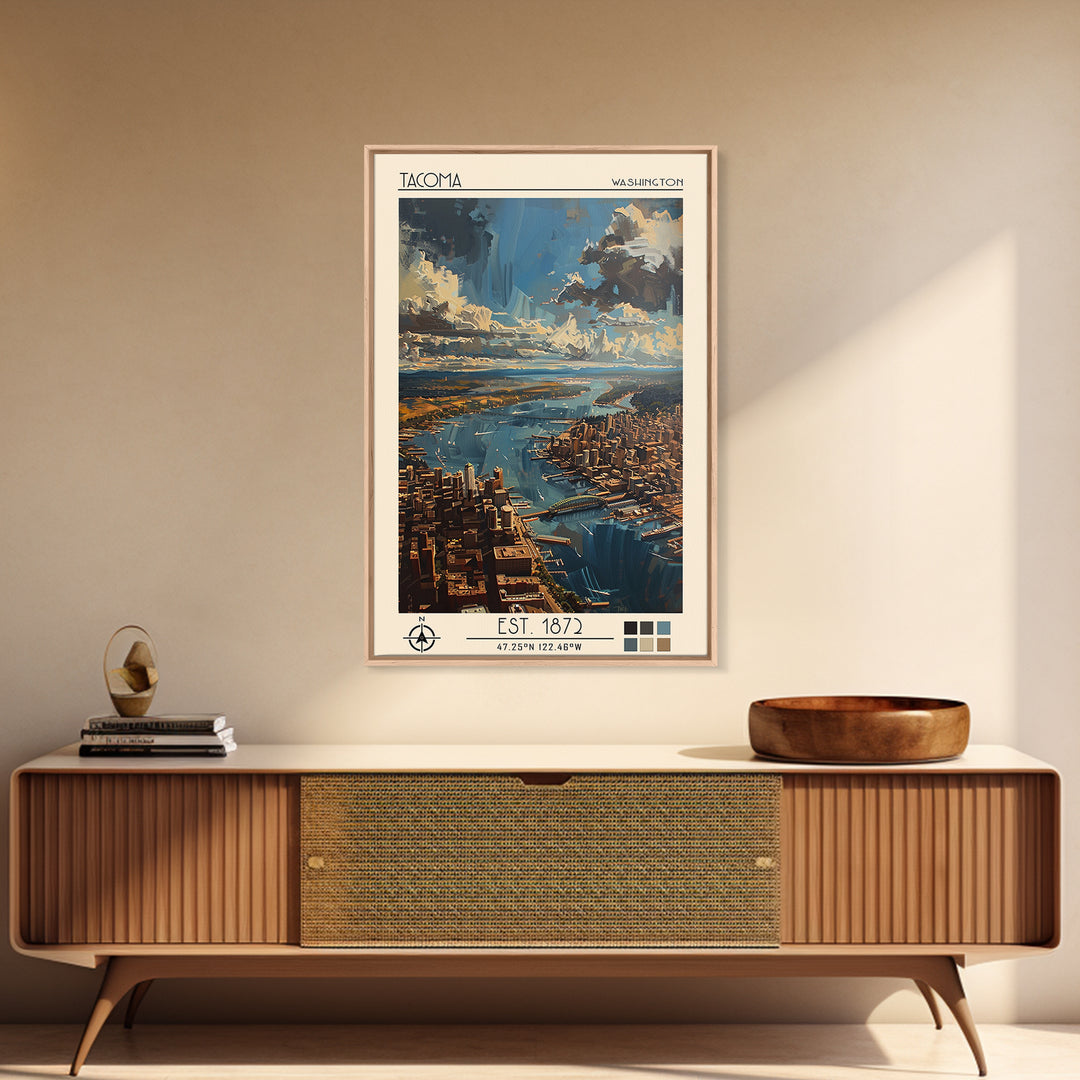 Tacoma Travel Poster, Framed Canvas Print, Vintage Travel Print, City Wall Art, Living Room Wall Art, Travel Print, Travel Art Print