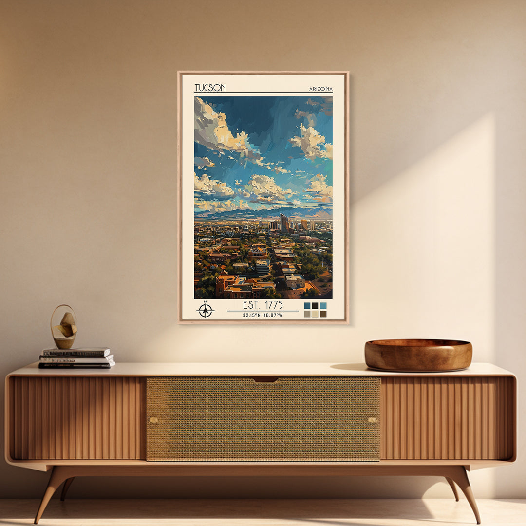 Tucson Travel Poster, Framed Canvas Print, Travel Prints, Landscape Art, Art Print, Retro Wall Art, City Illustration, City Wall Art
