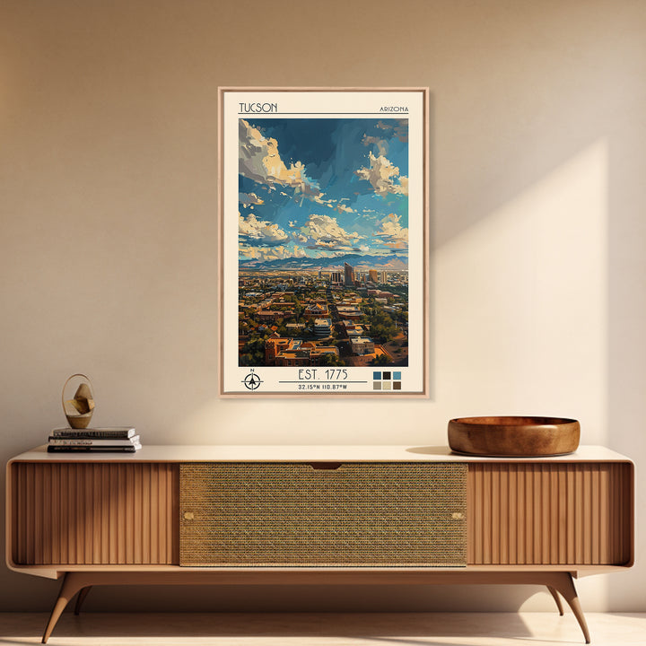 Tucson Travel Poster, Framed Canvas Print, Travel Prints, Landscape Art, Art Print, Retro Wall Art, City Illustration, City Wall Art