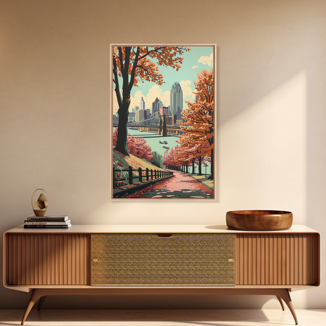 Cincinnati Travel Poster, Framed Canvas Print, Travel Wall Decor, Minimalist Poster, Fine Art Print, City Illustration, Travel Decor