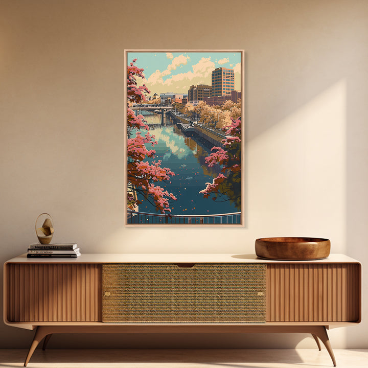 Grand Rapids Travel Poster, Framed Canvas Print, Travel Prints, Landscape Art, City Travel Poster, City Illustration, Vintage Travel