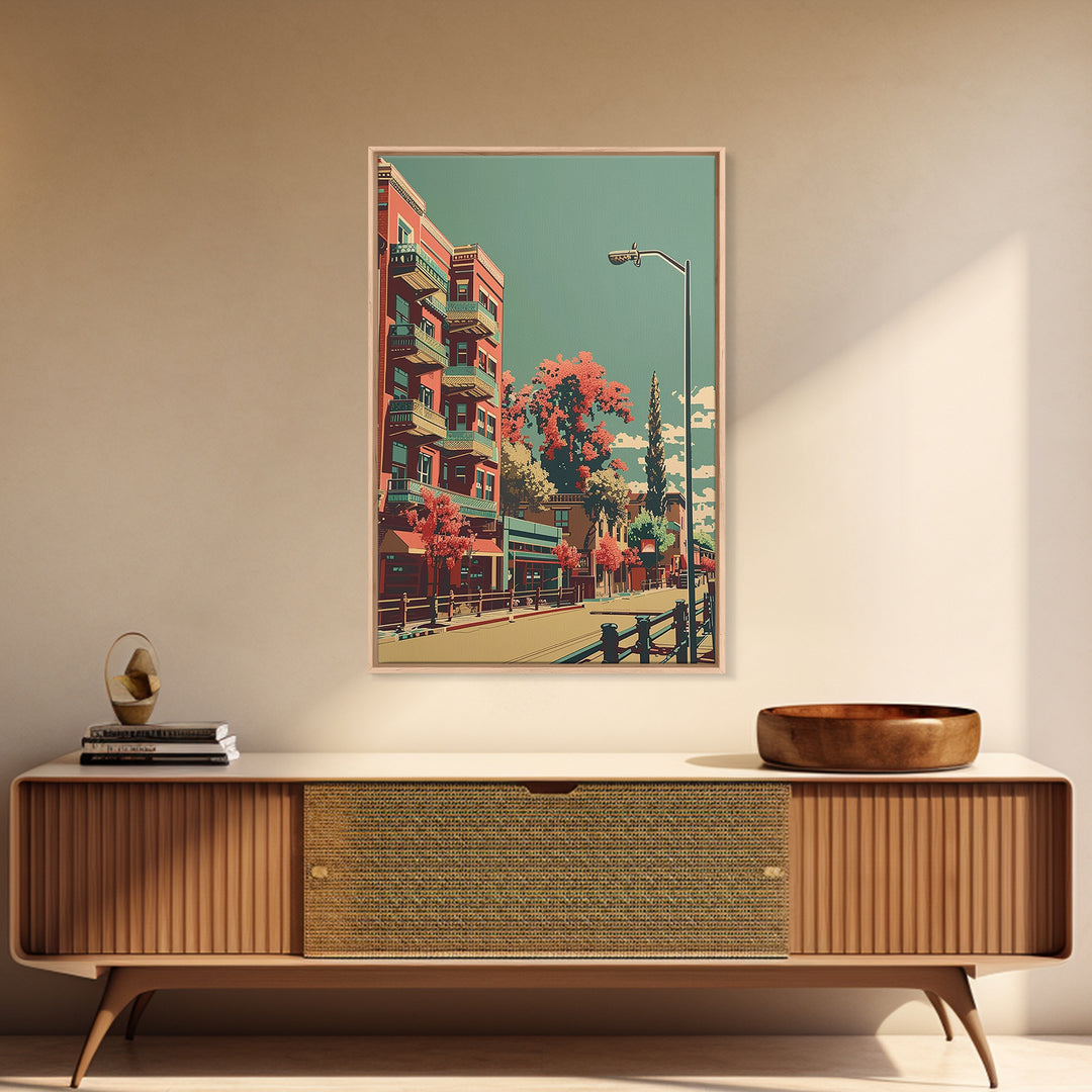 Modesto Travel Poster, Framed Canvas Print, Travel Wall Decor, Minimalist Poster, Travel Art Print, Home Decor, Mid Century Wall Art