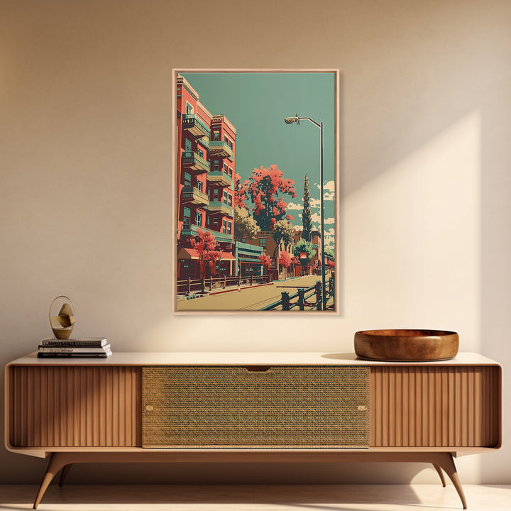 Modesto Travel Poster, Framed Canvas Print, Travel Wall Decor, Minimalist Poster, Travel Art Print, Home Decor, Mid Century Wall Art