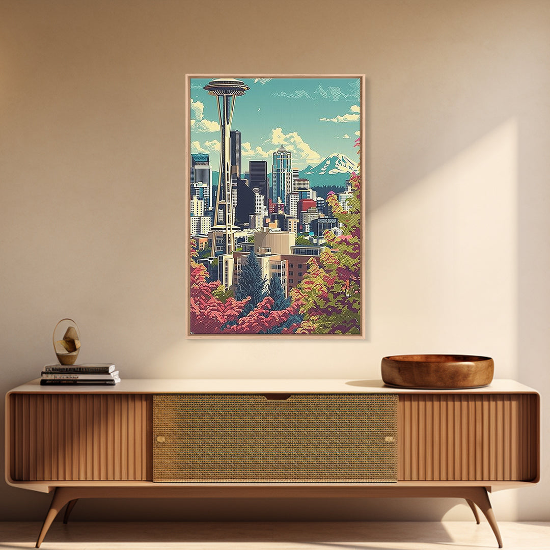Seattle Travel Poster, Framed Canvas Print, Retro Travel Poster, City Wall Art, City Art Print, Mid Century Wall Art, Vintage Travel