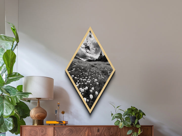 Black White Meadow Diamond Shaped Canvas Art Print, Monochrome Nature Photography, Wildflower Landscape Rustic Wall Decor