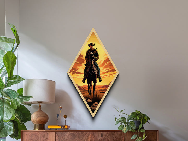 Bold Lone Cowboy Sunset Diamond Shaped Canvas Textured Print — Dramatic Western Rider Wall Art Country Rustic Ranch Home Decor