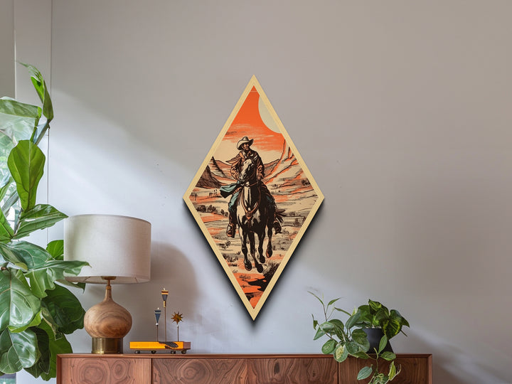 Scenic Cowboy Vista Trail Diamond Shaped Canvas Art Print — Desert Horse Rider Western Artwork Rustic Southwestern Wall Accent