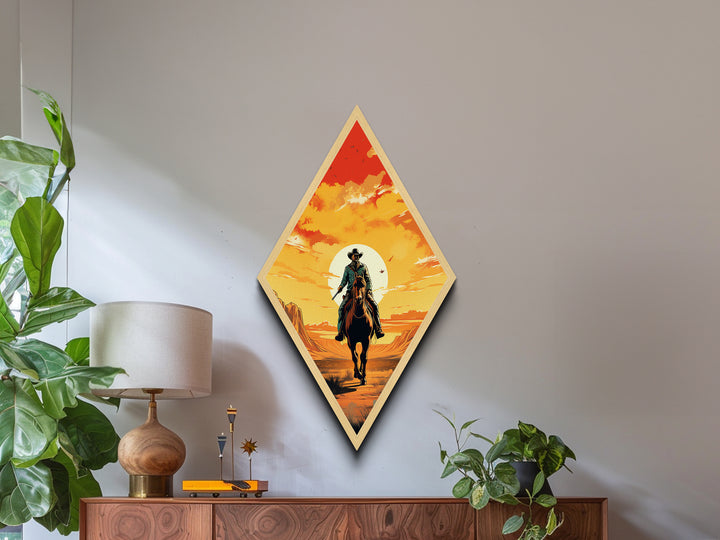 Retro Cowboy Mountain Range Diamond Shaped Canvas Embossed Print — Southwestern Western Wall Art Desert Ride Rustic Decor Scene