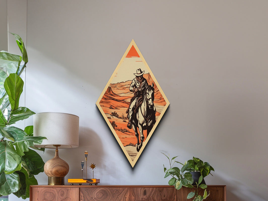 Sunset Frontier Ride Diamond Shaped Western Wall Decor Canvas Embossed Print with Cowboy Art Southwest Home Rustic Horseback Desert Scene