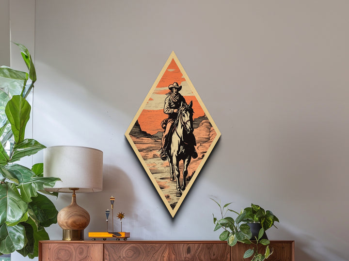 Western Trail Journey Diamond Shaped Cowboy Wall Art Canvas Textured Print Rustic Horse Rider Illustration Desert Sunset Decor
