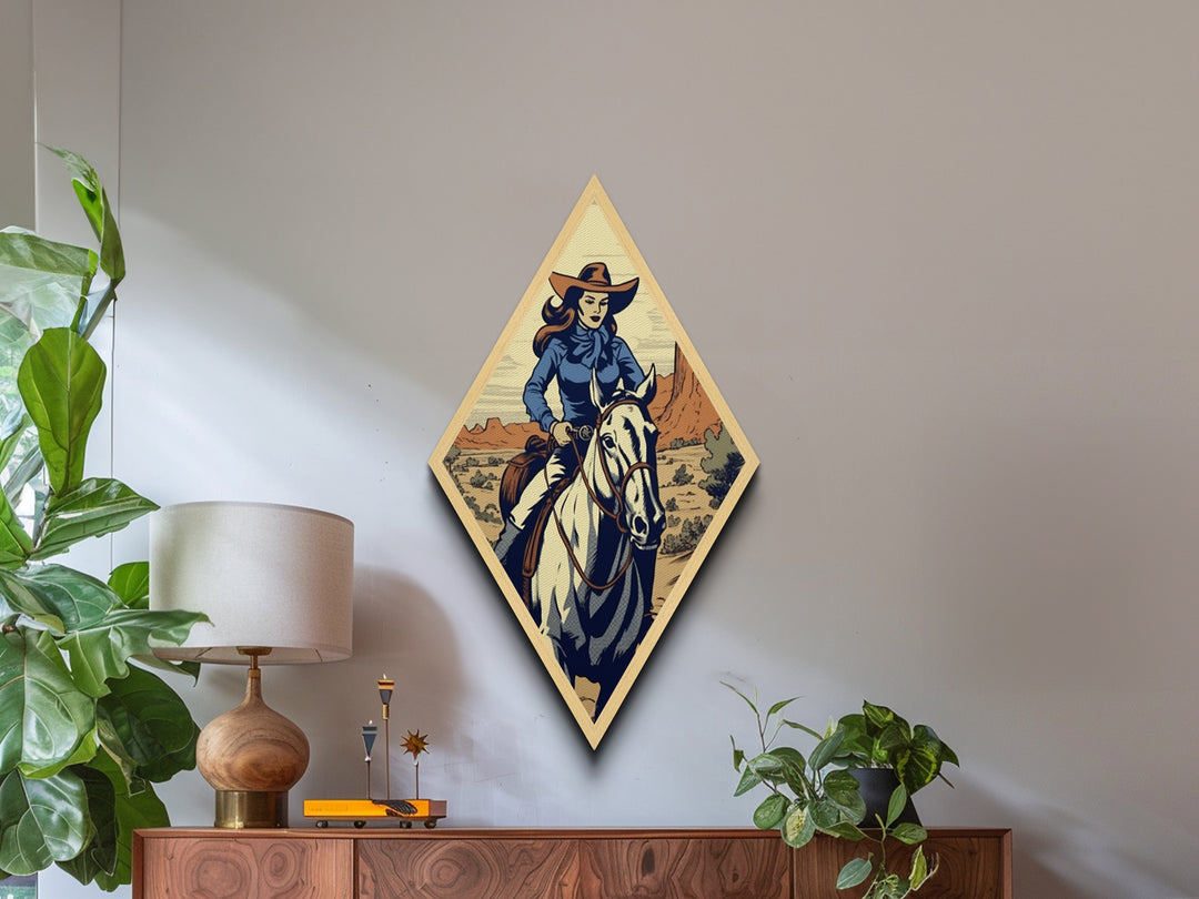 Rugged Cowgirl Charm Diamond Shaped Desert Wall Art Canvas Embossed Print Retro Western Female Horse Rider Blue Outfit Cowboy Style