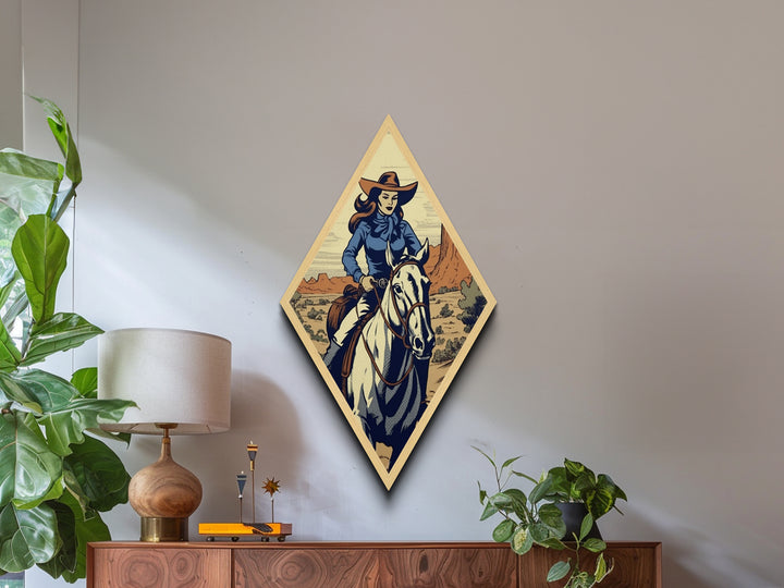 Rugged Cowgirl Charm Diamond Shaped Desert Wall Art Canvas Embossed Print Retro Western Female Horse Rider Blue Outfit Cowboy Style