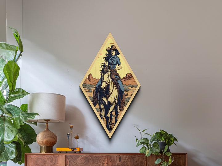 Cowgirl Desert Rider Diamond Shaped Western Wall Decor Canvas Embossed Print Retro Horseback Woman Artwork Rustic Country Living
