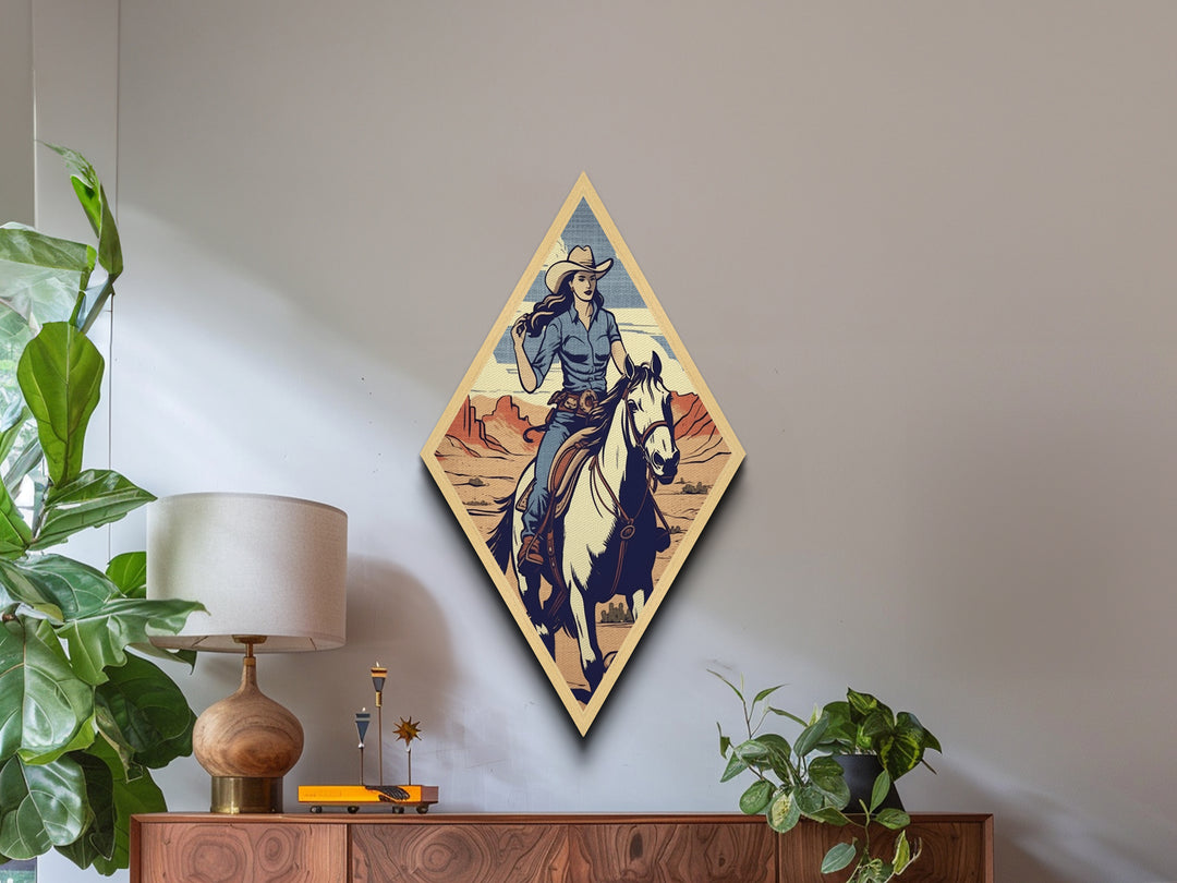 Cowgirl Canyon Ride Diamond Shaped Horseback Art Print Canvas Textured Print Retro Western Style Ranch Decor with Female Rider