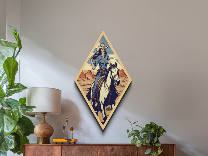 Cowgirl Canyon Ride Diamond Shaped Horseback Art Print Canvas Textured Print Retro Western Style Ranch Decor with Female Rider