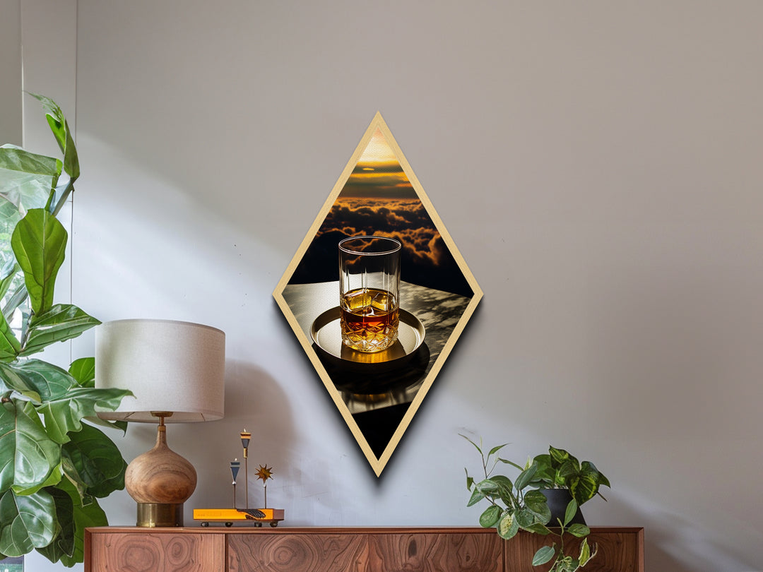 Sunset Sky Whiskey – Diamond Shaped Canvas Textured Print Luxury Cocktail Art, Golden Hour Bar Decor, Romantic Spirits Lounge Artwork