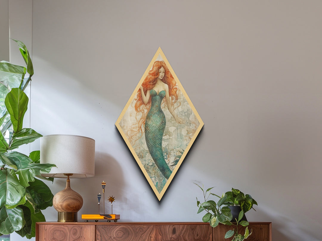 Ocean Spirit Mermaid Diamond Shaped Ethereal Fantasy Art Canvas Embossed Print Mystical Redhead Decorative Underwater Beauty