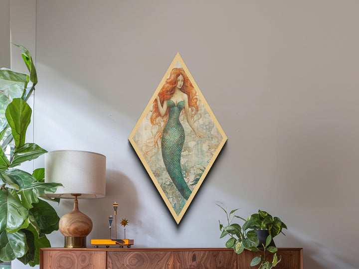 Ocean Spirit Mermaid Diamond Shaped Ethereal Fantasy Art Canvas Embossed Print Mystical Redhead Decorative Underwater Beauty