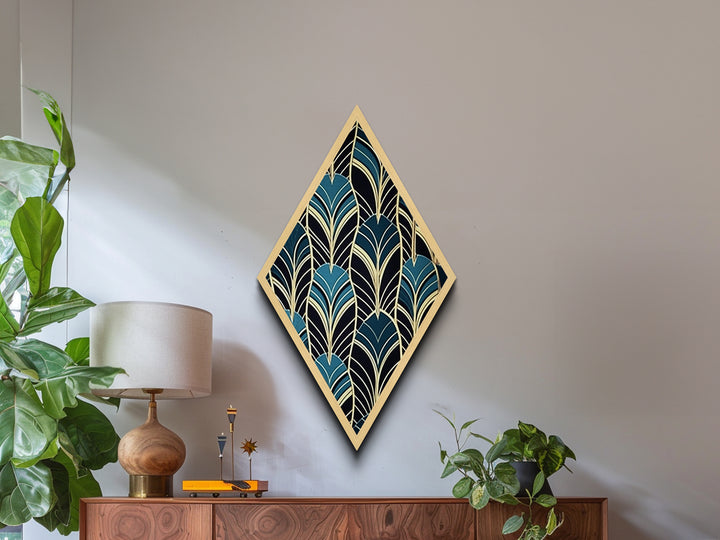 Teal Deco Leaves – Diamond Shaped Canvas Embossed Print Art Deco Wall Decor, Gold Foil Style, Geometric Pattern, Modern Glam Botanical Print