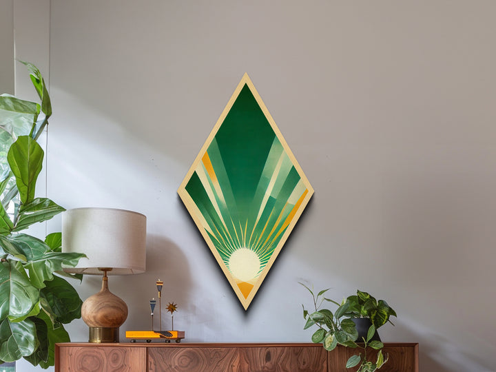 Greenburst Radiance – Diamond Shaped Retro Sunbeam Abstract Canvas Embossed Print, Mid Century Modern Art, Minimal Geometric Wall Decor