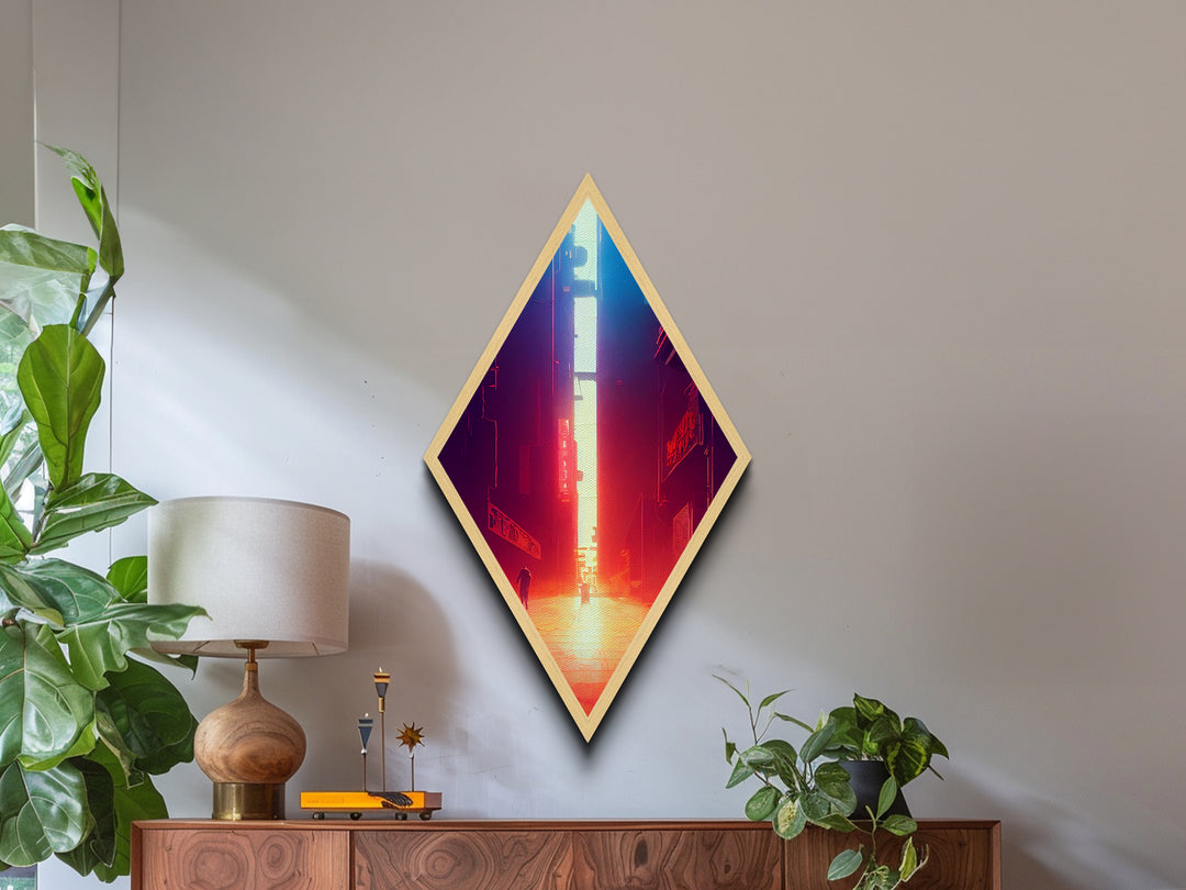 Neon Alley Escape Diamond Shaped Cyberpunk Cityscape Glow Canvas Art Print Gamer Room Sci-Fi Urban Futuristic Hallway Accent
