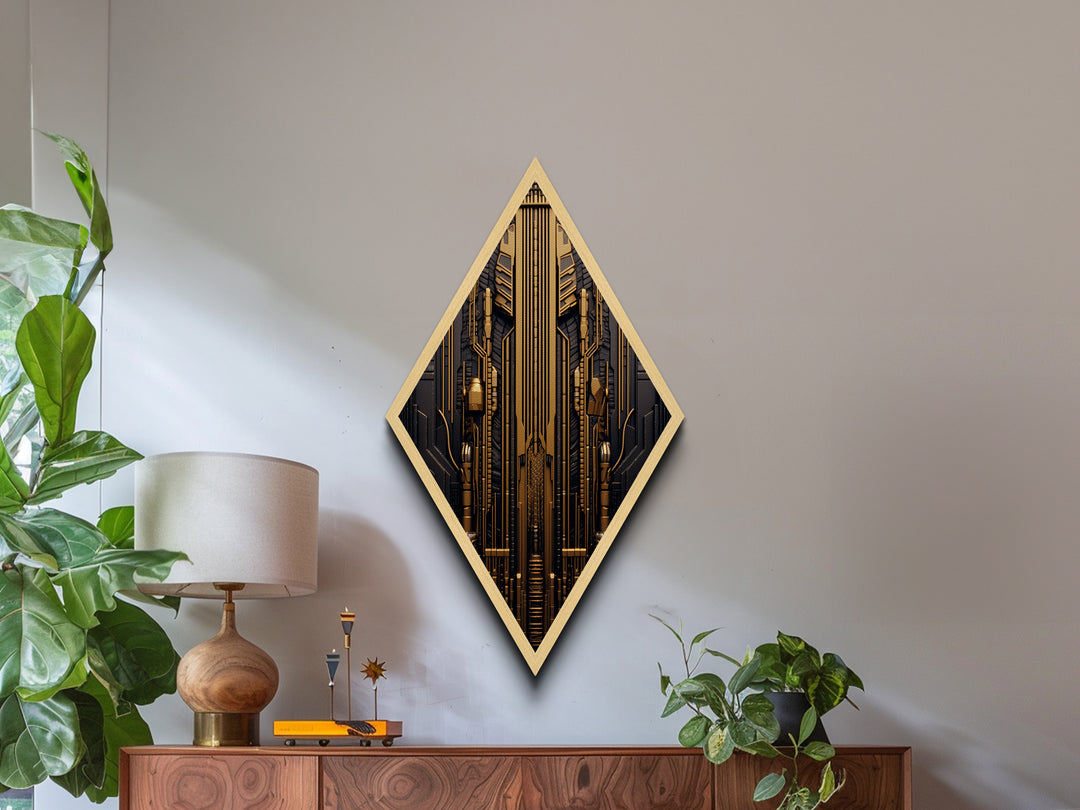 Cyber Gold Machine – Diamond Shaped Canvas Embossed Print Futuristic Wall Art, Sci-Fi Circuit Board Decor, Tech Industrial Steampunk Vibe