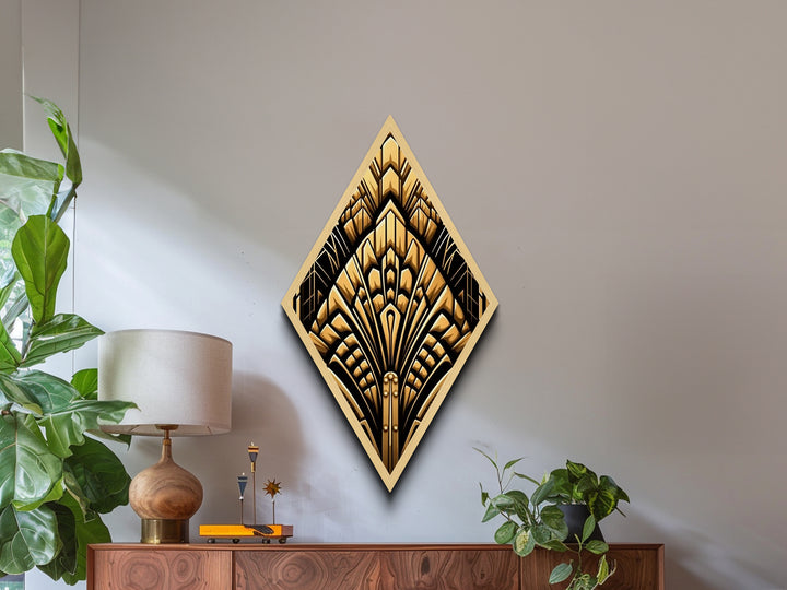 Deco Gold Fanburst – Diamond Shaped Canvas Textured Print Art Deco Wall Decor, Bold Glamorous Geometric Gold Pattern, Great Gatsby Accent