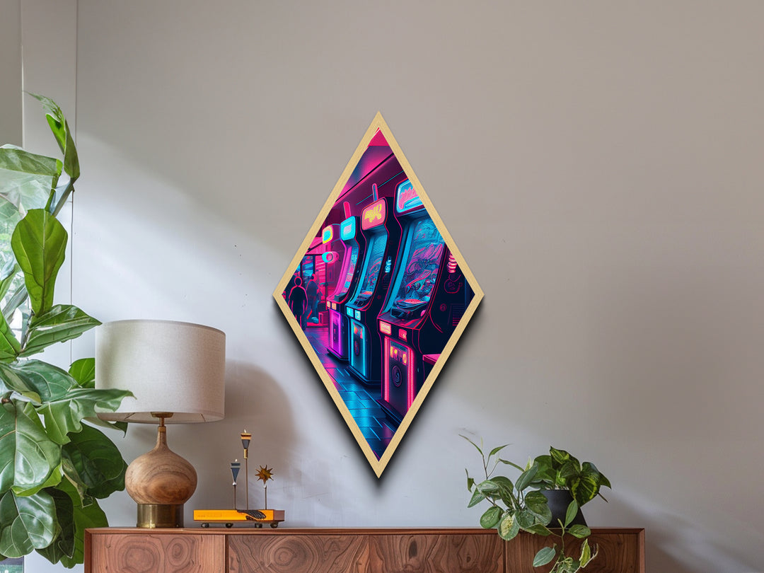 Neon Arcade Lights Diamond Shaped Canvas Textured Print, Retro Gaming Room Wall Art, Vaporwave Decor Gamer Gift Print