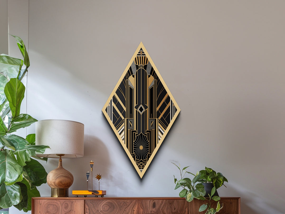 Art Deco Wall art | Framed Canvas Print | Art Deco | Gold & green art | Beautiful art | Midcentury Modern | Office decor | Diamond Shaped