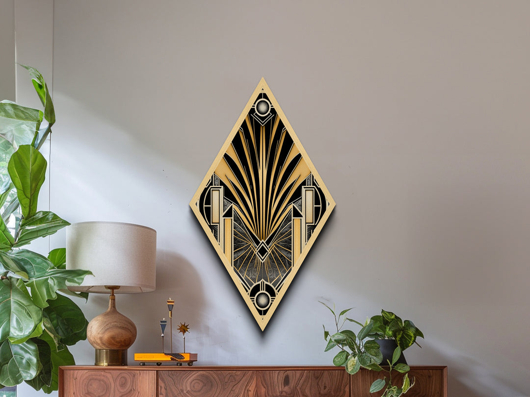 Diamond Shaped Art Deco Wall Art | Framed Canvas Textured Art Print | Gold & Green Art | Midcentury Modern | Office Decor