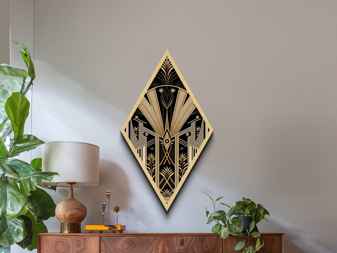 Art Deco Panel - Framed Canvas Textured Art Print - Wood Framed Art - Framed Print - Diamond Shaped Retro Wall Art