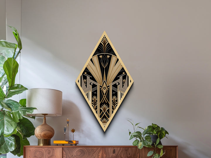 Art Deco Panel - Framed Canvas Textured Art Print - Wood Framed Art - Framed Print - Diamond Shaped Retro Wall Art