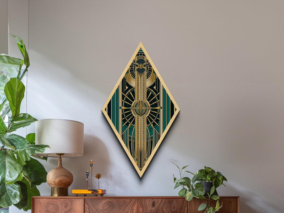 Emerald Axis Radiance – Diamond Shaped Canvas Embossed Print in gold green teal art deco, luxury retro wall accent with celestial symmetry