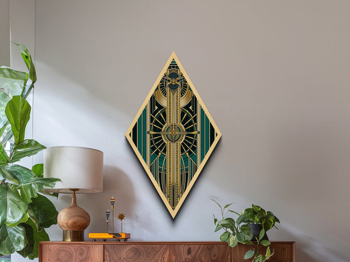 Emerald Axis Radiance – Diamond Shaped Canvas Embossed Print in gold green teal art deco, luxury retro wall accent with celestial symmetry