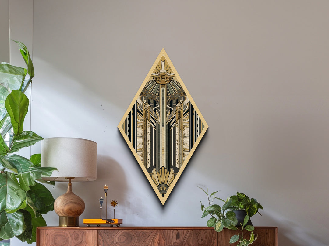 Empire Art Deco – Diamond Shaped Canvas Textured Print with golden structural symmetry, skyscraper inspired vertical abstract vintage glam