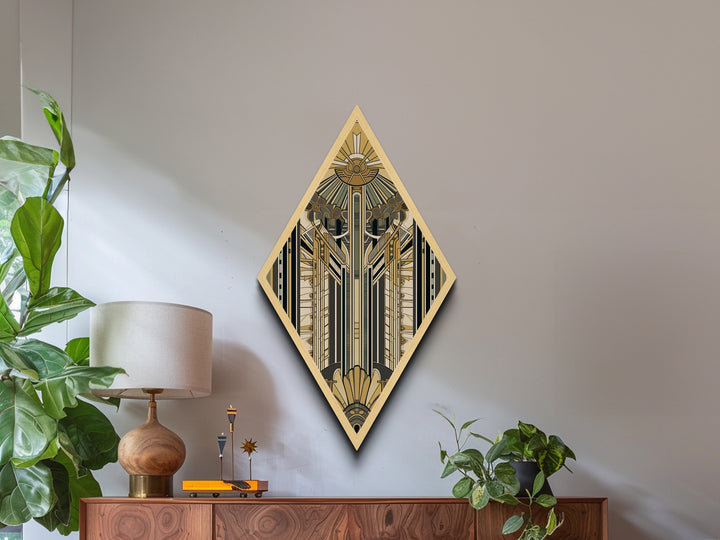 Empire Art Deco – Diamond Shaped Canvas Textured Print with golden structural symmetry, skyscraper inspired vertical abstract vintage glam