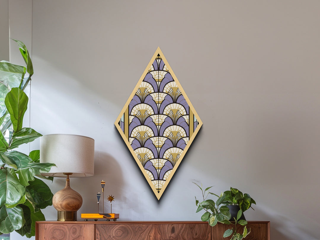 Lavender Deco Layers Diamond Shaped Canvas Textured Print, Art Nouveau Fan Motif, Pastel Pattern Geometric Wall Accent