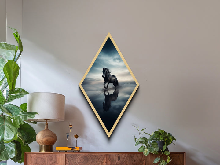 Midnight Stallion Run Diamond Shaped Canvas Textured Print, Majestic Black Horse Fine Art, Equine Spirit Desert Reflection