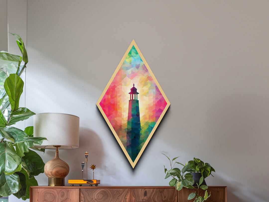 Prism Glow Lighthouse Diamond Shaped Canvas Embossed Print, Geometric Pastel Coastal Art, Modern Rainbow Nautical Scene