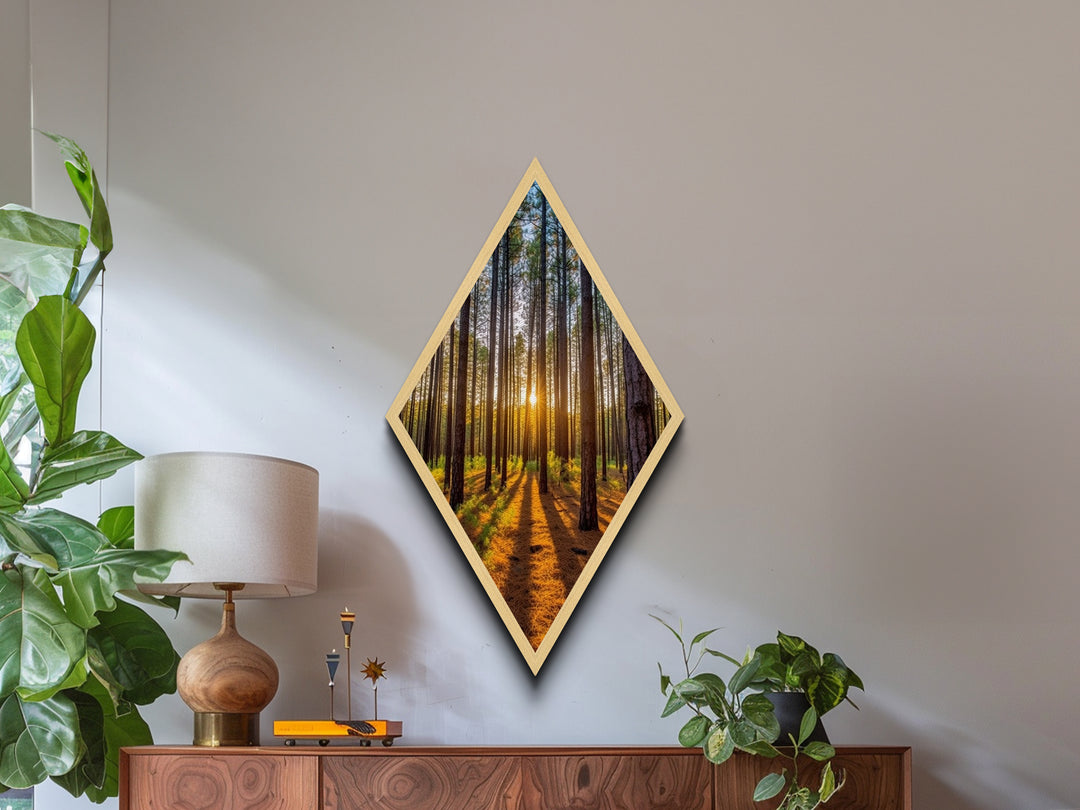Tranquil Pine Forest Diamond Shaped Canvas Art Print, Minimal Nature Wall Decor, Rustic Cabin Style Woodland Print, Peaceful Tree Scene