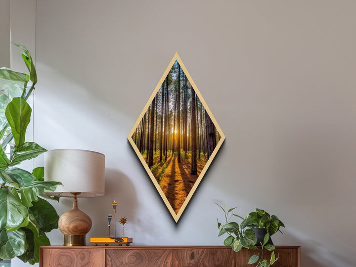 Tranquil Pine Forest Diamond Shaped Canvas Art Print, Minimal Nature Wall Decor, Rustic Cabin Style Woodland Print, Peaceful Tree Scene
