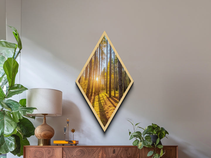 Morning Sunlight Pines Diamond Shaped Canvas Art Print, Nature Photography Wall Decor, Golden Forest Glow Landscape Artwork