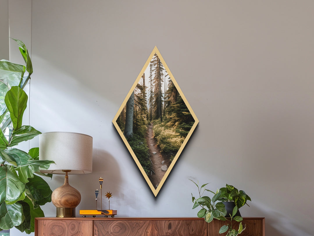 Forest Pathway Trail Diamond Shaped Canvas Textured Print, Serene Woodland Hike Decor, Earthy Green Landscape Art Print