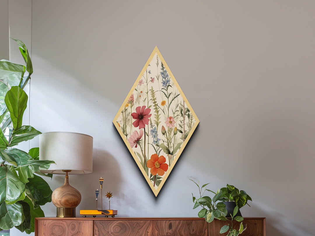Orange and Blue Wildflowers Diamond Shaped Canvas Embossed Print, Garden Botanical Print, Rustic Floral Nature Artwork