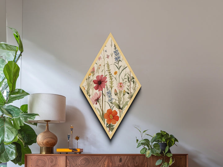 Orange and Blue Wildflowers Diamond Shaped Canvas Embossed Print, Garden Botanical Print, Rustic Floral Nature Artwork
