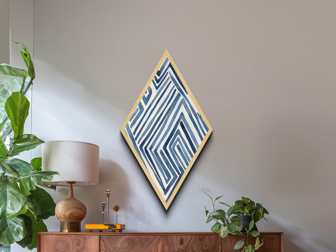 Ocean Maze Lines Diamond Shaped Blue Abstract Minimalist Canvas Embossed Print Modern Wall Decor Contemporary Geometric Accent