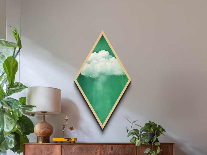 Misty Cloud Burst Diamond Shaped Soft Green Modern Canvas Textured Print Dreamscape Wall Art Serene Minimal Cloudy Sky Piece