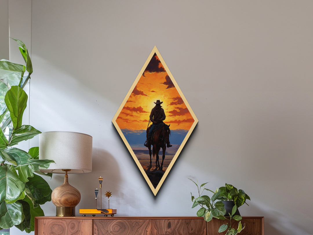 Cowboy Sunset Ride Diamond Shaped Western Horseback Silhouette Canvas Art Print Dramatic Sky Rustic Wall Decor Ranch Theme