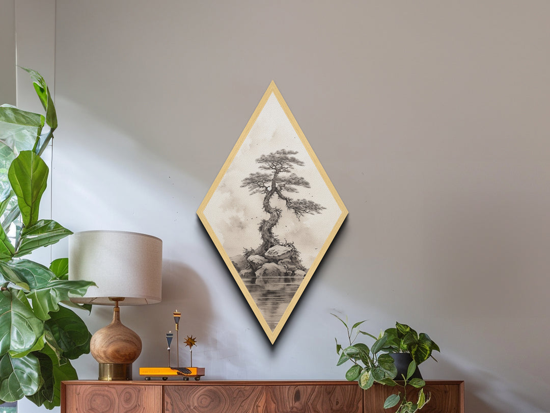 Charcoal Sketch of a Bonzai, Bonsai Tree Wall Art, Diamond Shaped Canvas Art Print, MCM Wall Decor, Odd Wall Art, Japanese Style Artwork
